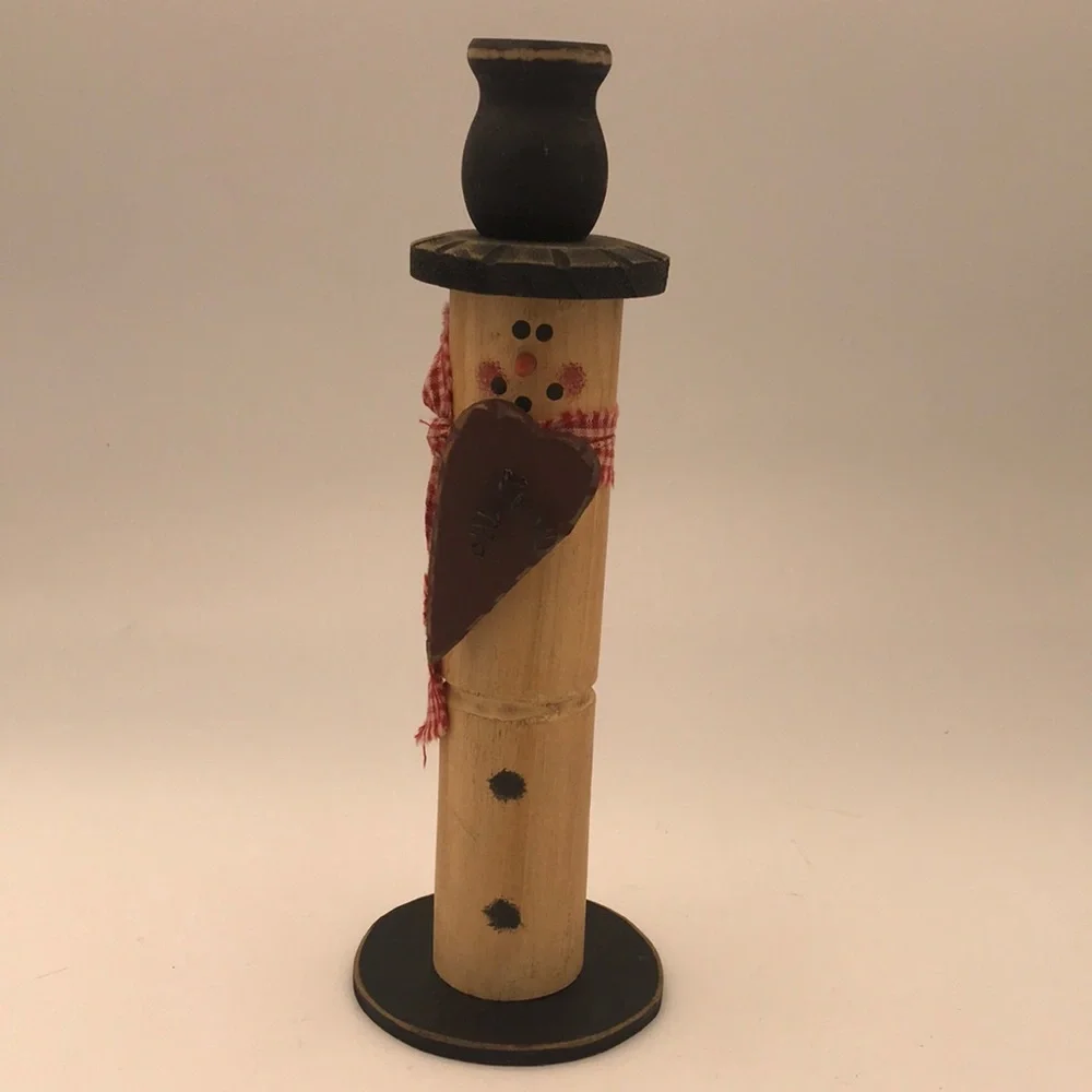 Wood Handcrafted‎ Rustic Folk Art Snowman Candle Holder w/ Heart & Plaid Scarf